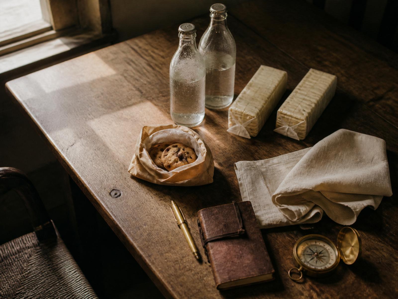 Morning light across a wooden table — the small provisions of a life spent on the course.